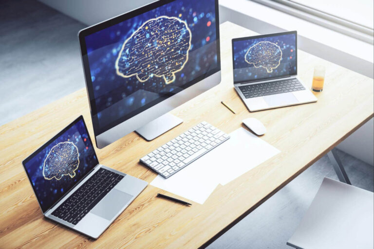 AI-powered brand storytelling concept showing a digital brain and content strategy elements, representing modern SEO and AI search optimization.