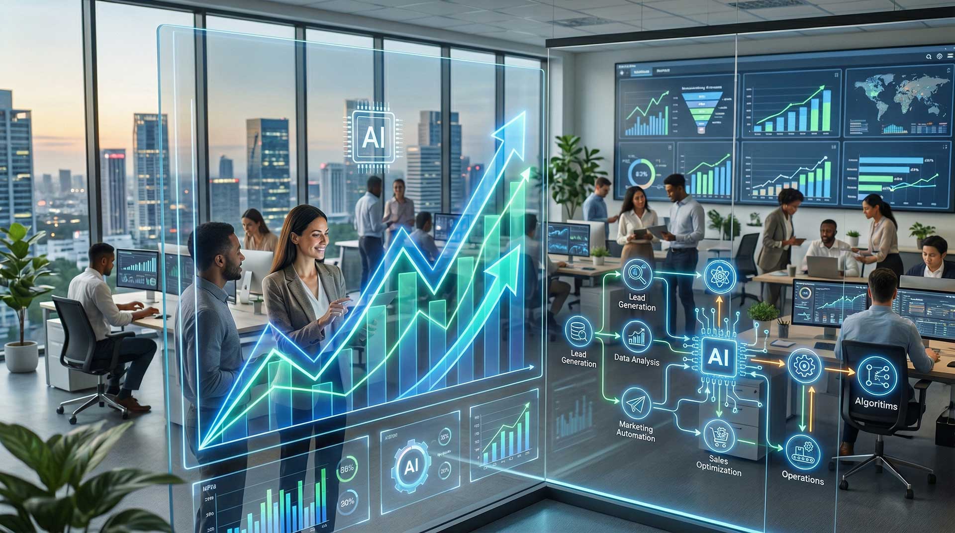 Business growth visualization with analytics, charts, and team collaboration