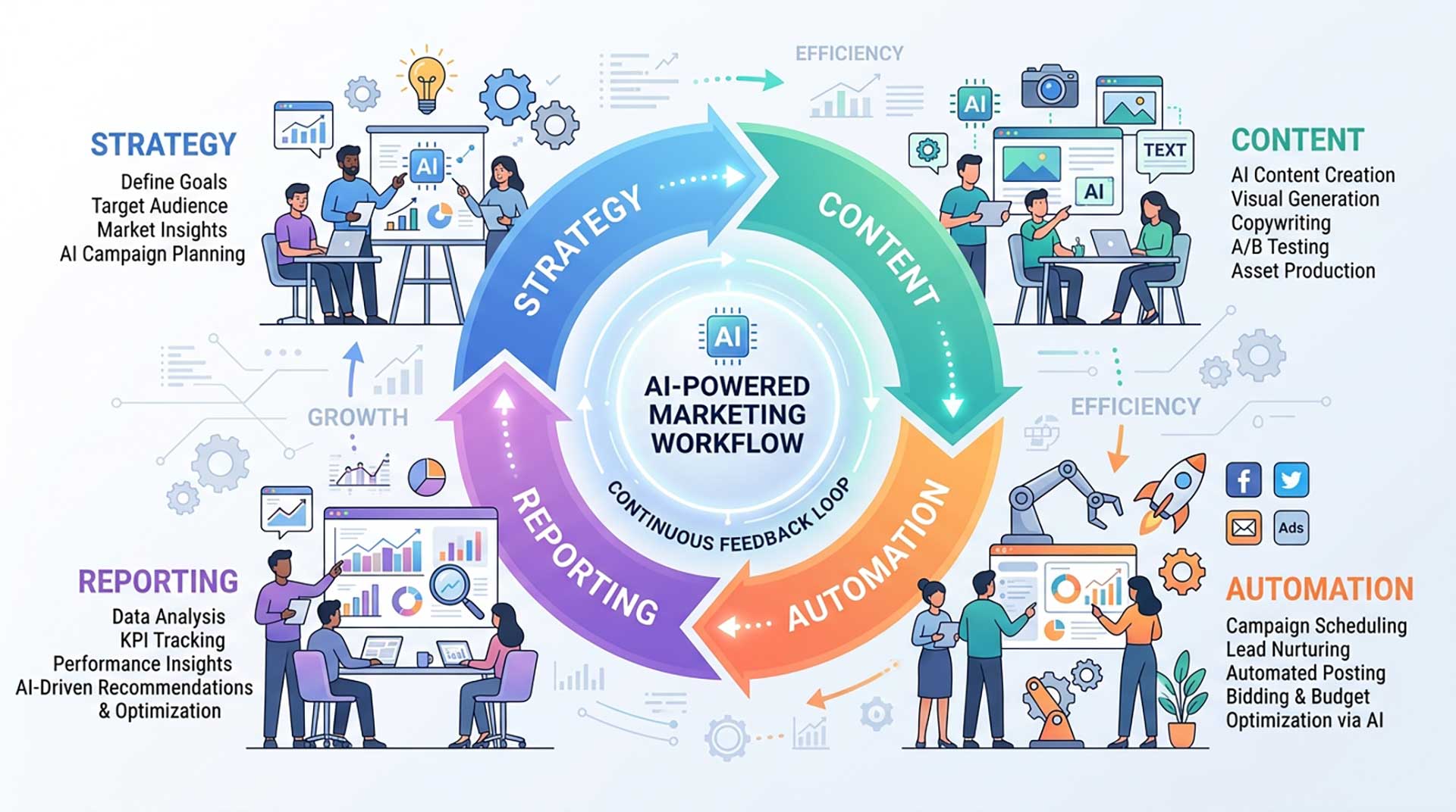 AI marketing workflow for a small business team linking strategy, content, automation, and reporting
