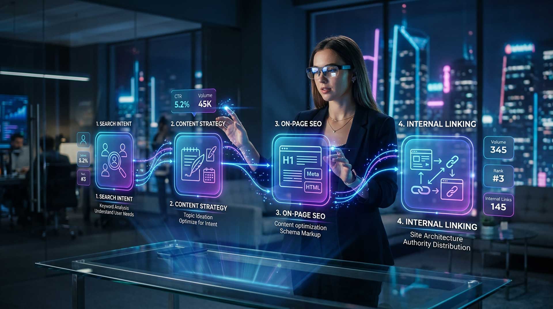 SEO for marketers workflow showing search intent, content planning, on-page optimization, and internal linking