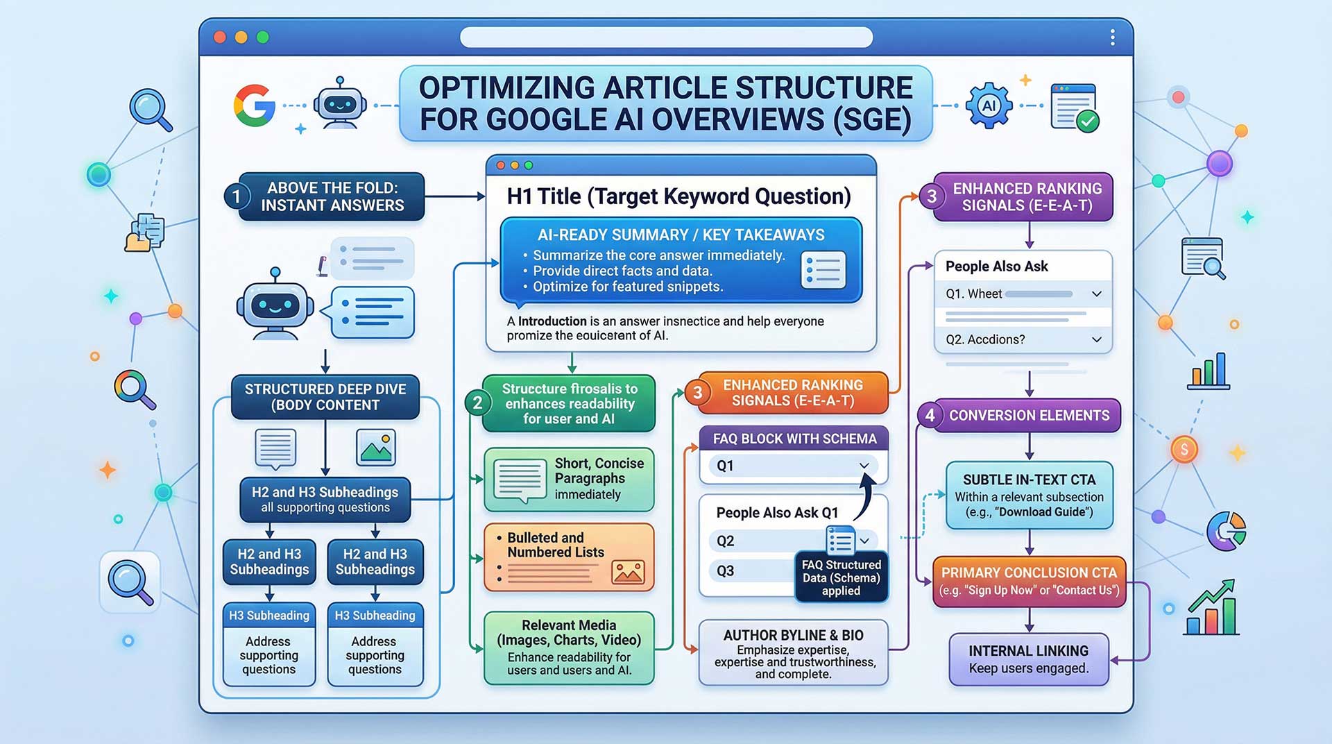 SEO optimized article structure with summary section, headings, FAQ schema blocks, and call to action placements for ranking in Google AI Overviews
