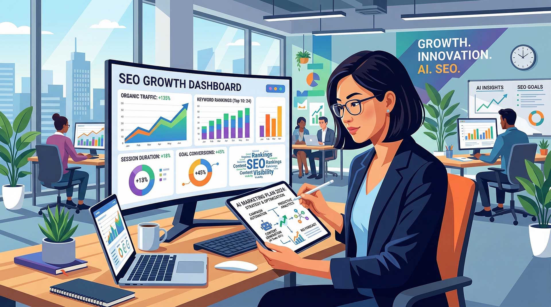 business owner reviewing AI SEO results dashboard showing traffic growth, rankings, and performance metrics