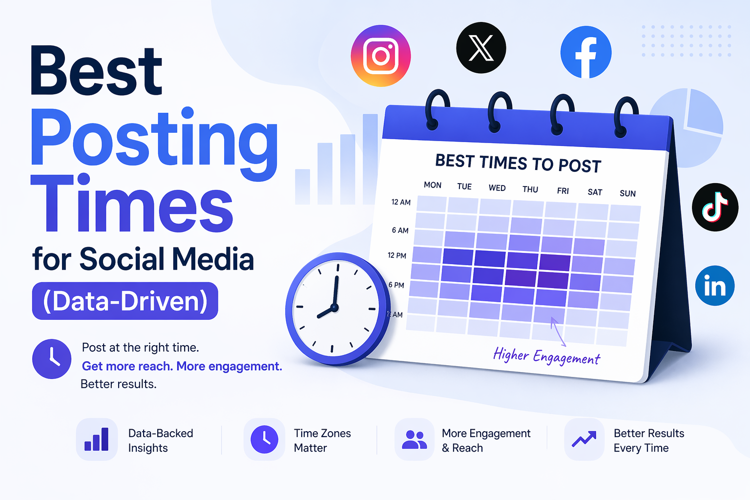 Best posting times for social media 2026 showing analytics dashboard, content schedule, and engagement growth chart