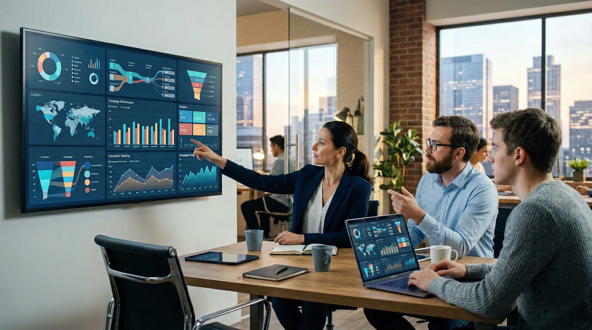 Marketing team reviewing first-party data dashboards and customer journey insights.