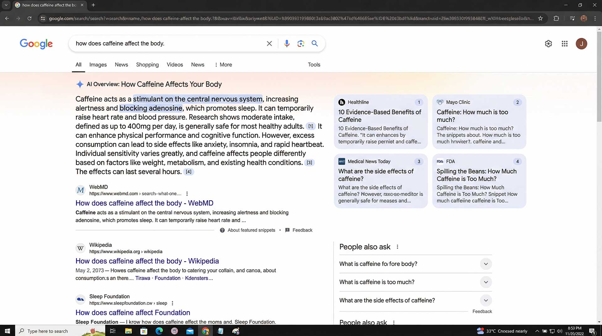 Google AI Overviews search results showing cited sources, summary cards, and ranking pages in search engine results