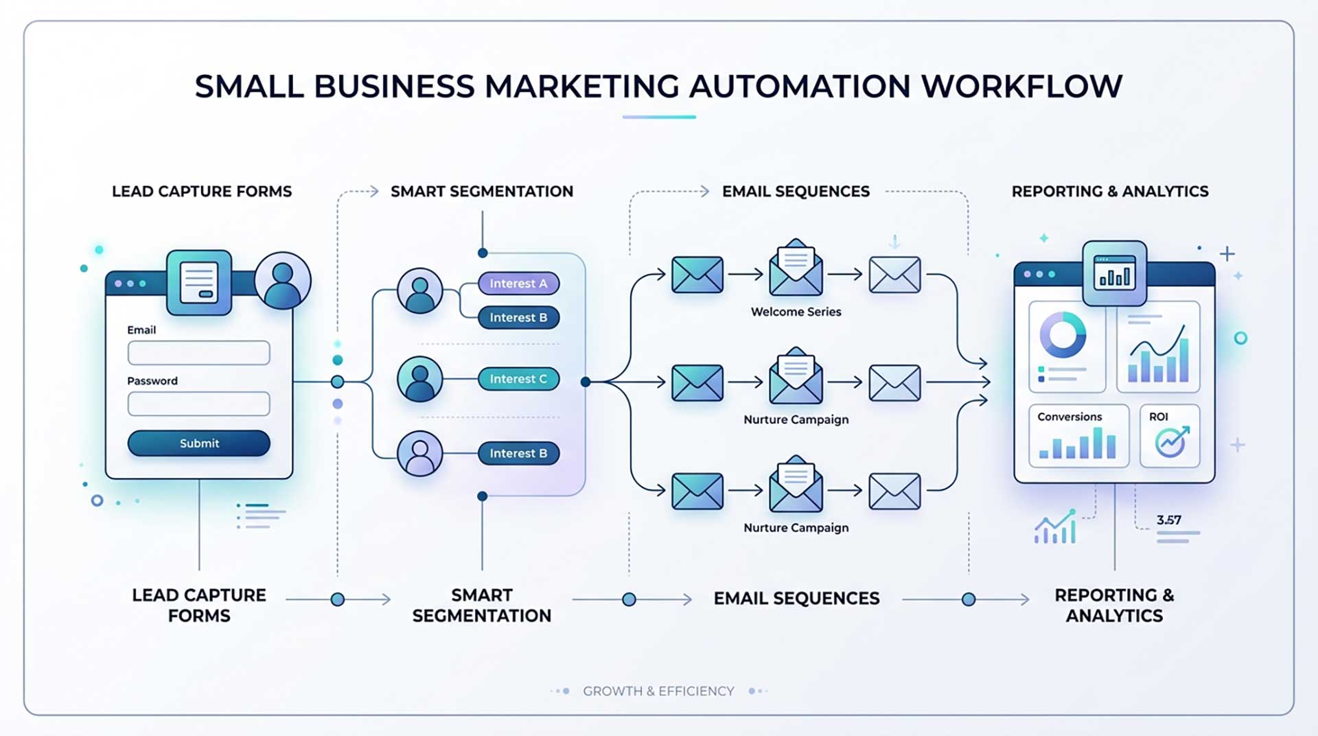 marketing automation for small businesses email sequence showing lead capture, nurturing, and conversion steps