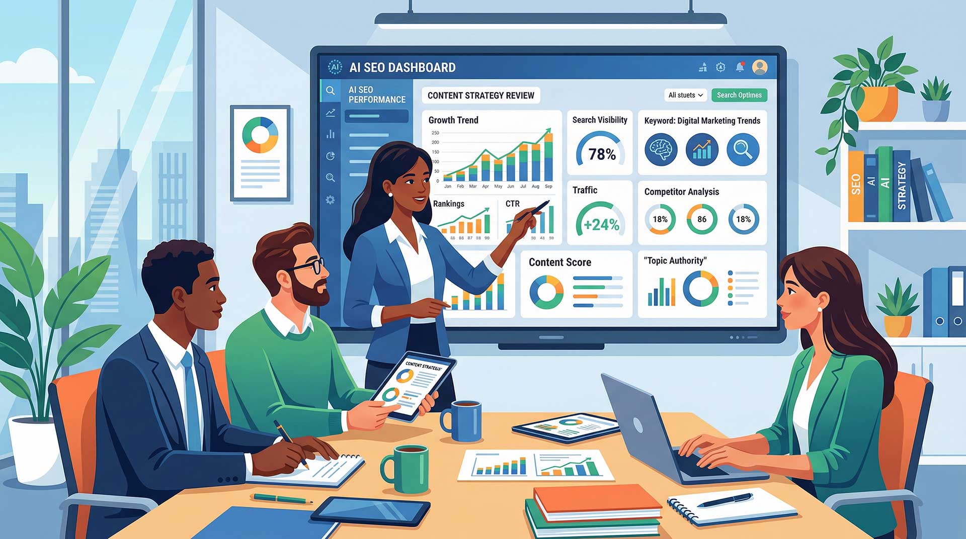 marketing team reviewing AI SEO tools dashboard for keyword research, content planning, and optimization strategies
