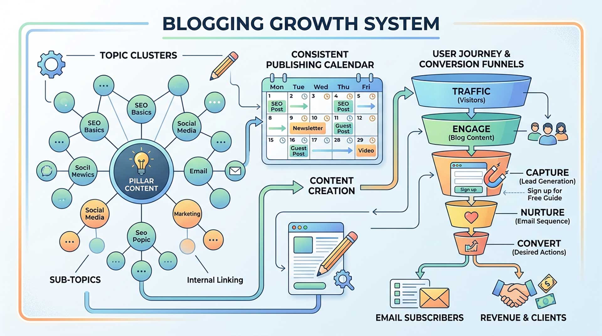 blogging strategy for growth plan showing topic clusters, publishing calendar, and conversion paths