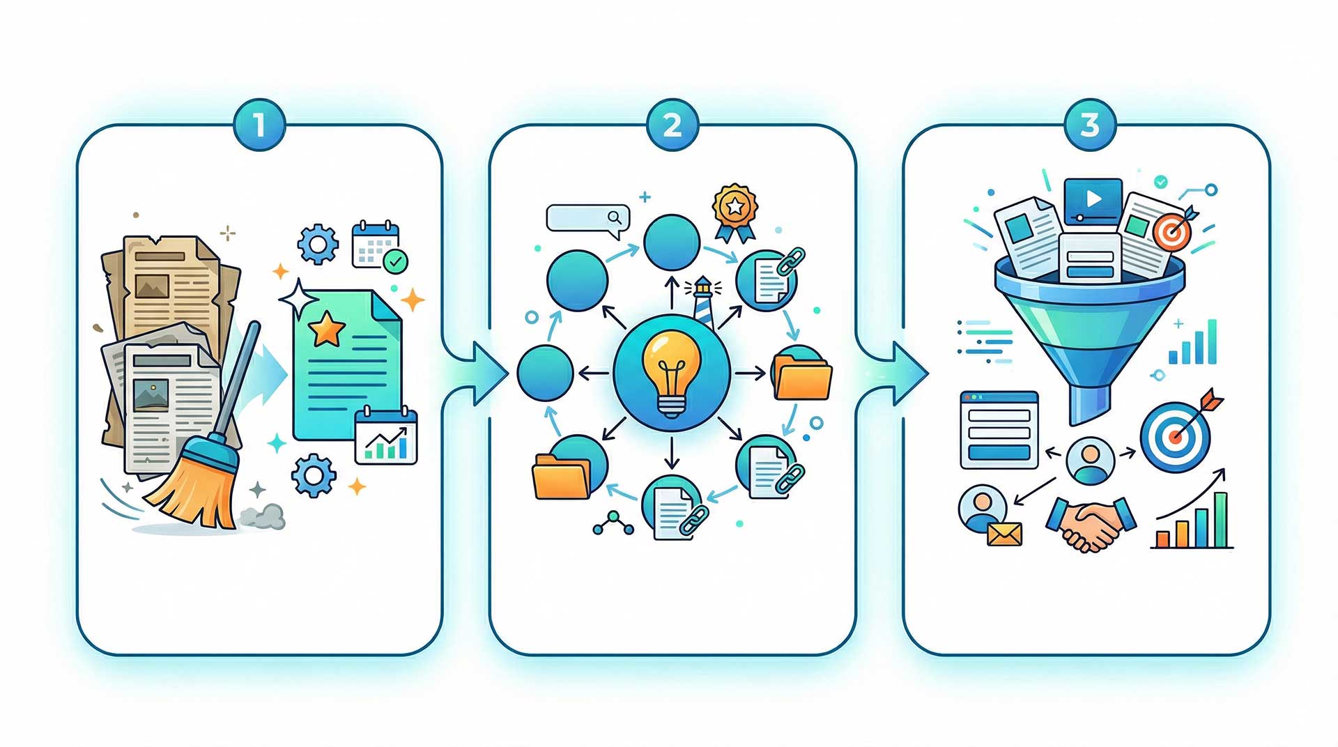 Advanced content strategy for Google AI Overviews showing page refresh cycles, topic clusters, and lead-focused SEO optimization