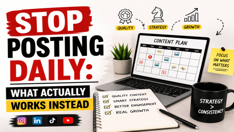 Stop posting daily social media strategy concept with content calendar and analytics dashboard.
