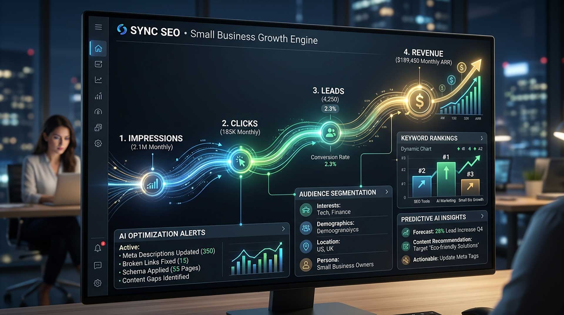 AI SEO for Small Businesses dashboard tracking impressions rankings clicks and leads