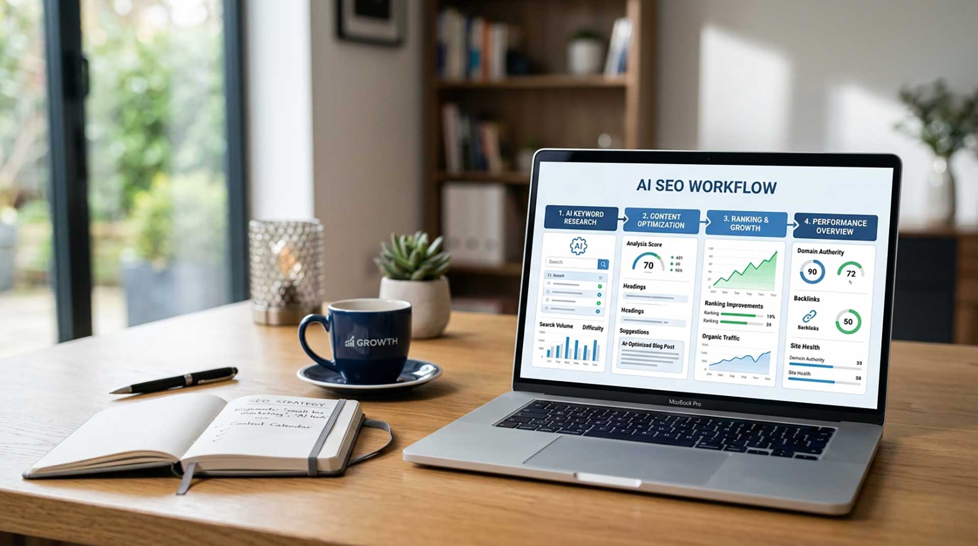 AI SEO for Small Businesses workflow showing keyword research content optimization and ranking growth