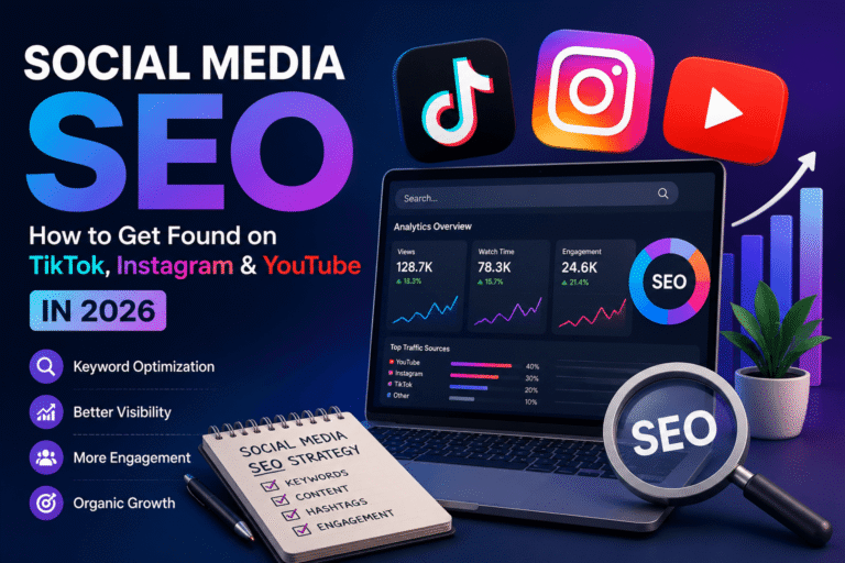 Social media SEO strategy for TikTok, Instagram, and YouTube with analytics dashboard and growth metrics.