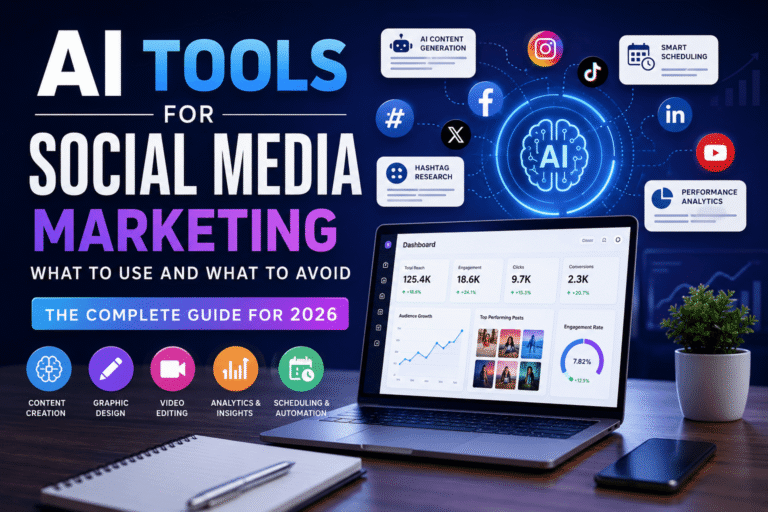 Best AI tools for social media marketing dashboard showing content creation, analytics, scheduling, and campaign optimization in 2026