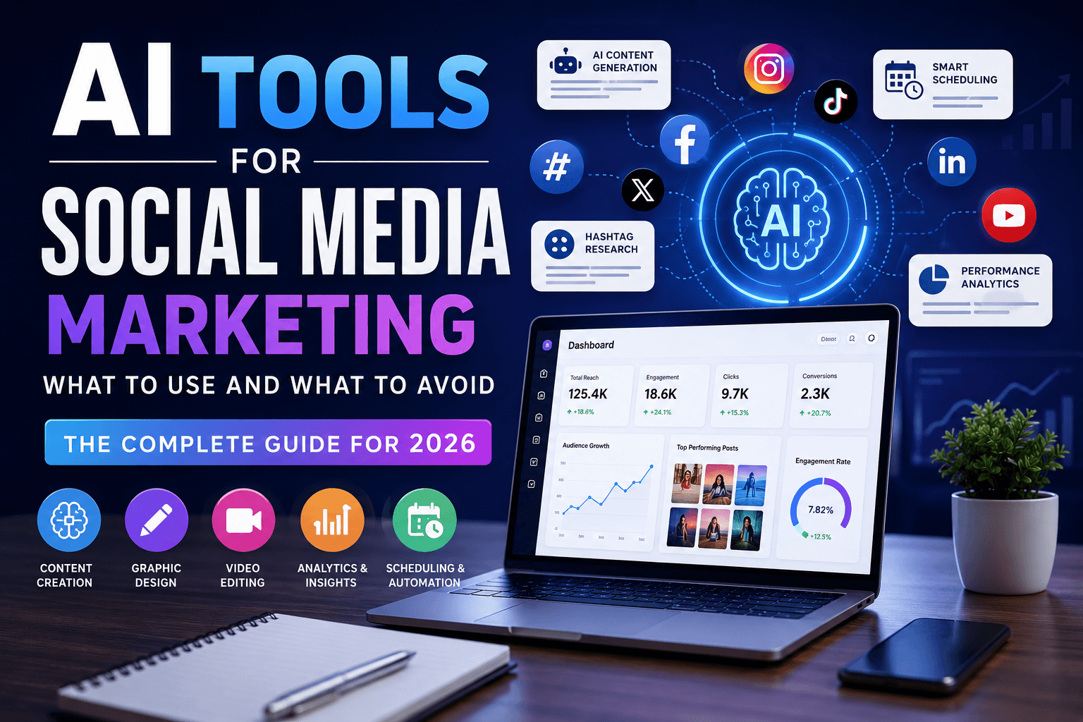 Best AI tools for social media marketing dashboard showing content creation, analytics, scheduling, and campaign optimization in 2026