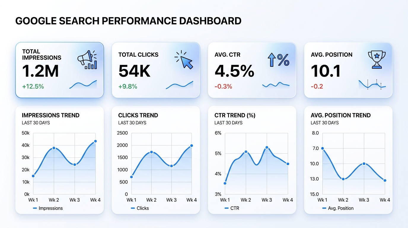 Google impressions into clicks dashboard showing impressions clicks CTR and average position