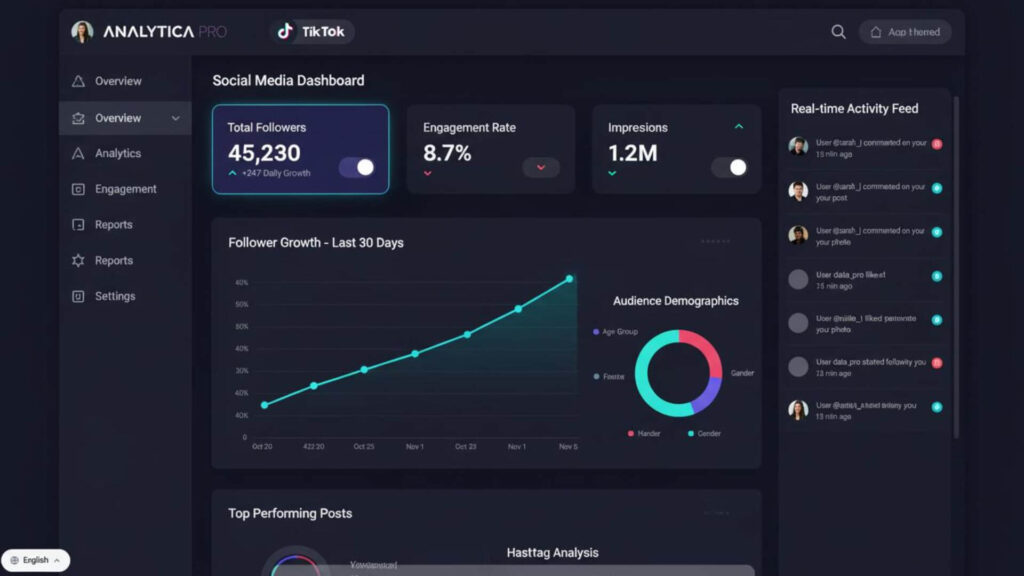 Social media SEO strategy for TikTok, Instagram, and YouTube with analytics dashboard and growth metrics.