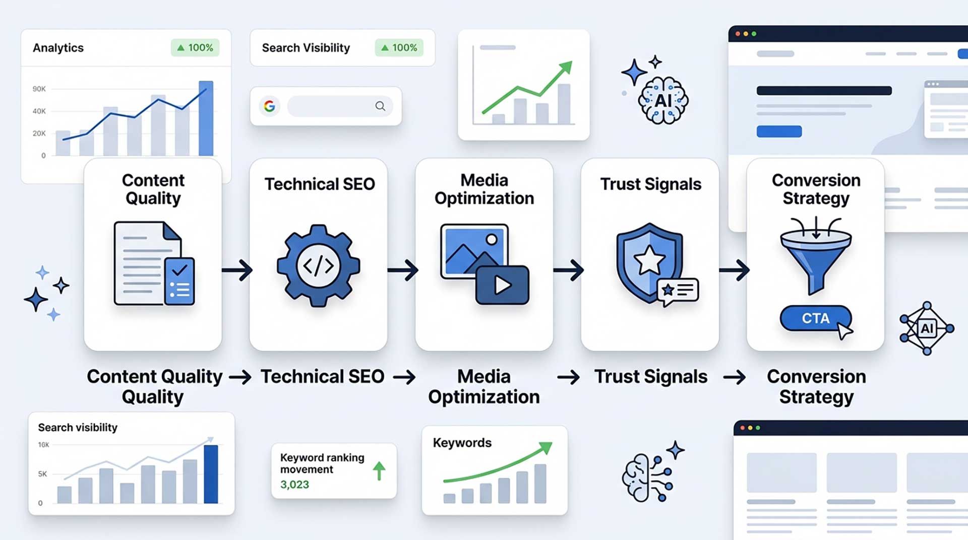 Generative AI SEO guidance workflow for content audit technical SEO and AI search visibility