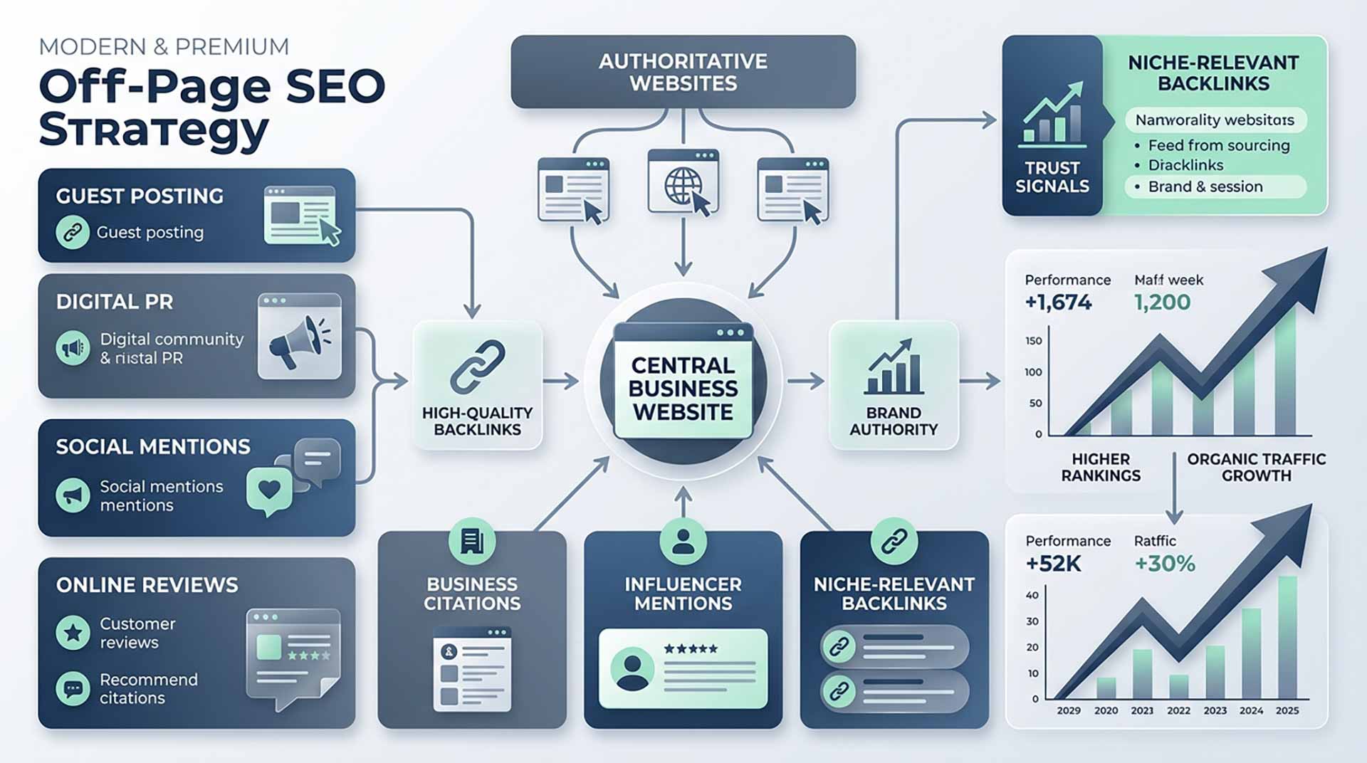 Off-Page SEO strategy showing backlinks brand authority trust signals and ranking growth