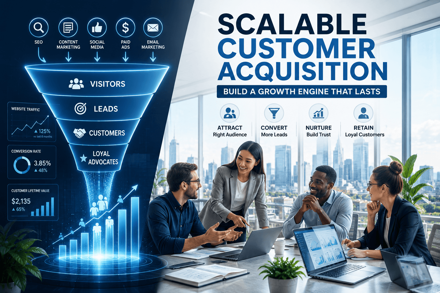 Scalable customer acquisition driving business growth with KPI dashboards, revenue charts, satisfied customers, SEO performance, and marketing automation.
