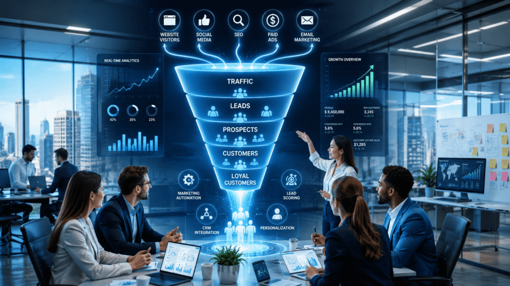 Scalable customer acquisition driving business growth with KPI dashboards, revenue charts, satisfied customers, SEO performance, and marketing automation.
