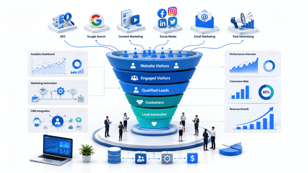 Scalable customer acquisition driving business growth with KPI dashboards, revenue charts, satisfied customers, SEO performance, and marketing automation.