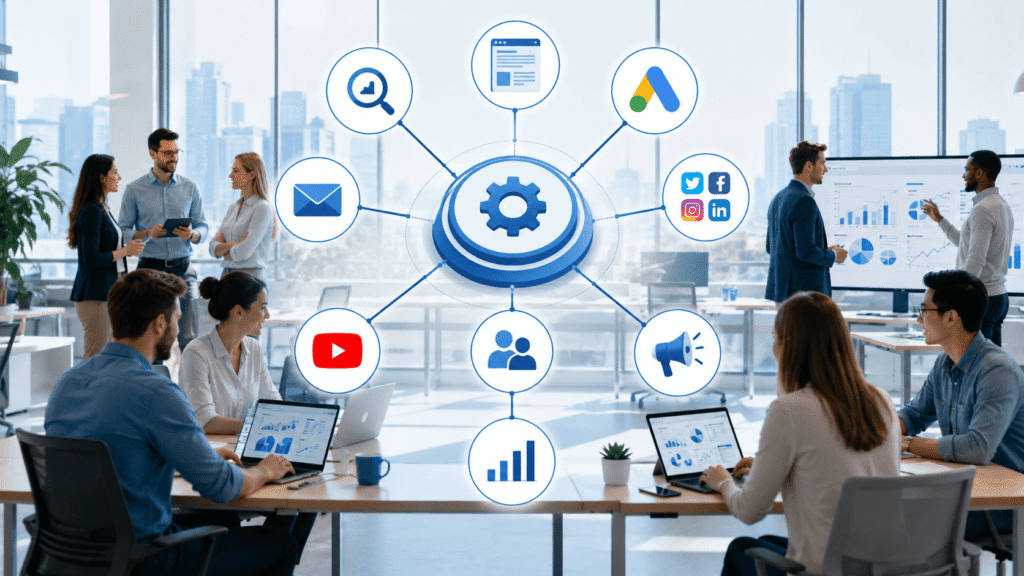 Scalable customer acquisition driving business growth with KPI dashboards, revenue charts, satisfied customers, SEO performance, and marketing automation.