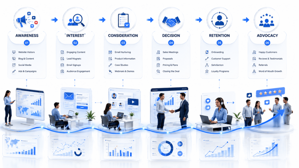 Scalable customer acquisition driving business growth with KPI dashboards, revenue charts, satisfied customers, SEO performance, and marketing automation.