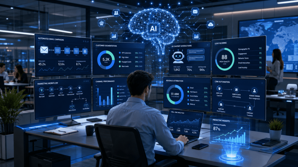 Scalable customer acquisition driving business growth with KPI dashboards, revenue charts, satisfied customers, SEO performance, and marketing automation.