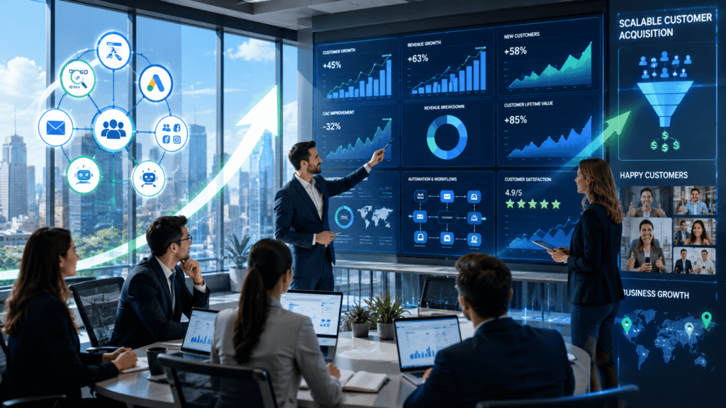 Scalable customer acquisition driving business growth with KPI dashboards, revenue charts, satisfied customers, SEO performance, and marketing automation.