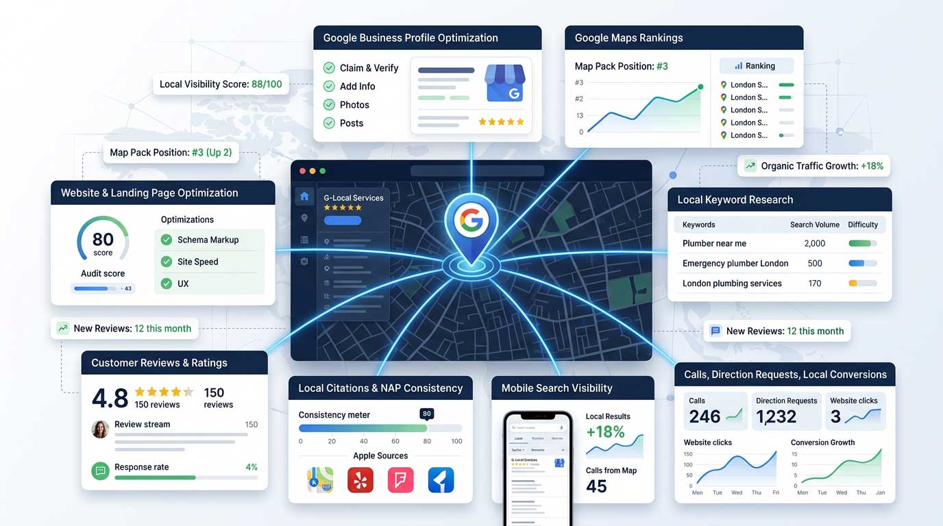 Local SEO guide framework showing Google Maps, website optimization, reviews and local rankings