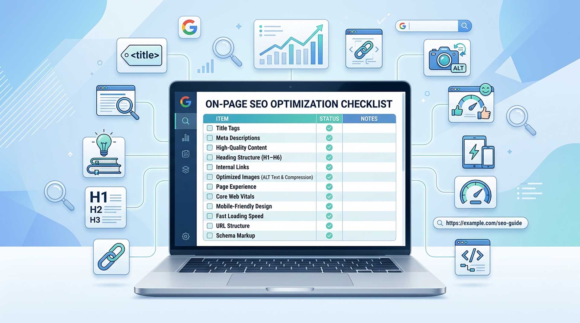 On-page optimization checklist covering titles content internal links images and page experience