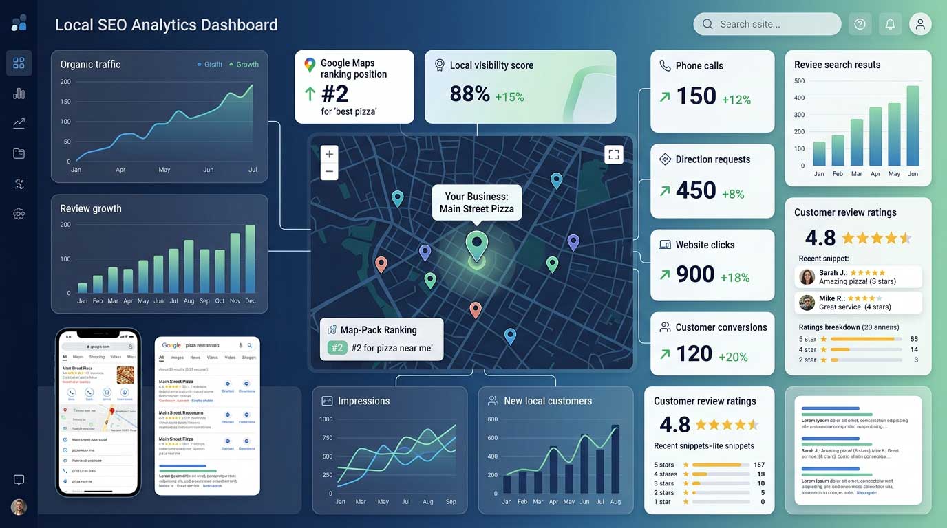 Local SEO performance dashboard tracking map rankings, calls, directions and customer conversions
