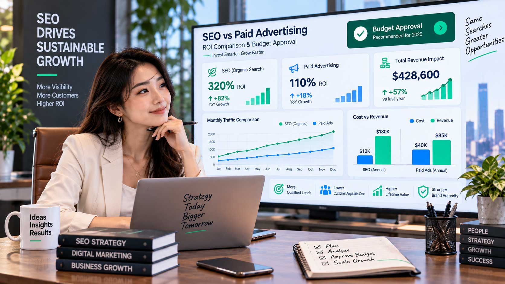 marketing professional reviewing an SEO vs. paid advertising ROI dashboard with traffic, revenue, budget approval, and business growth analytics in a modern office