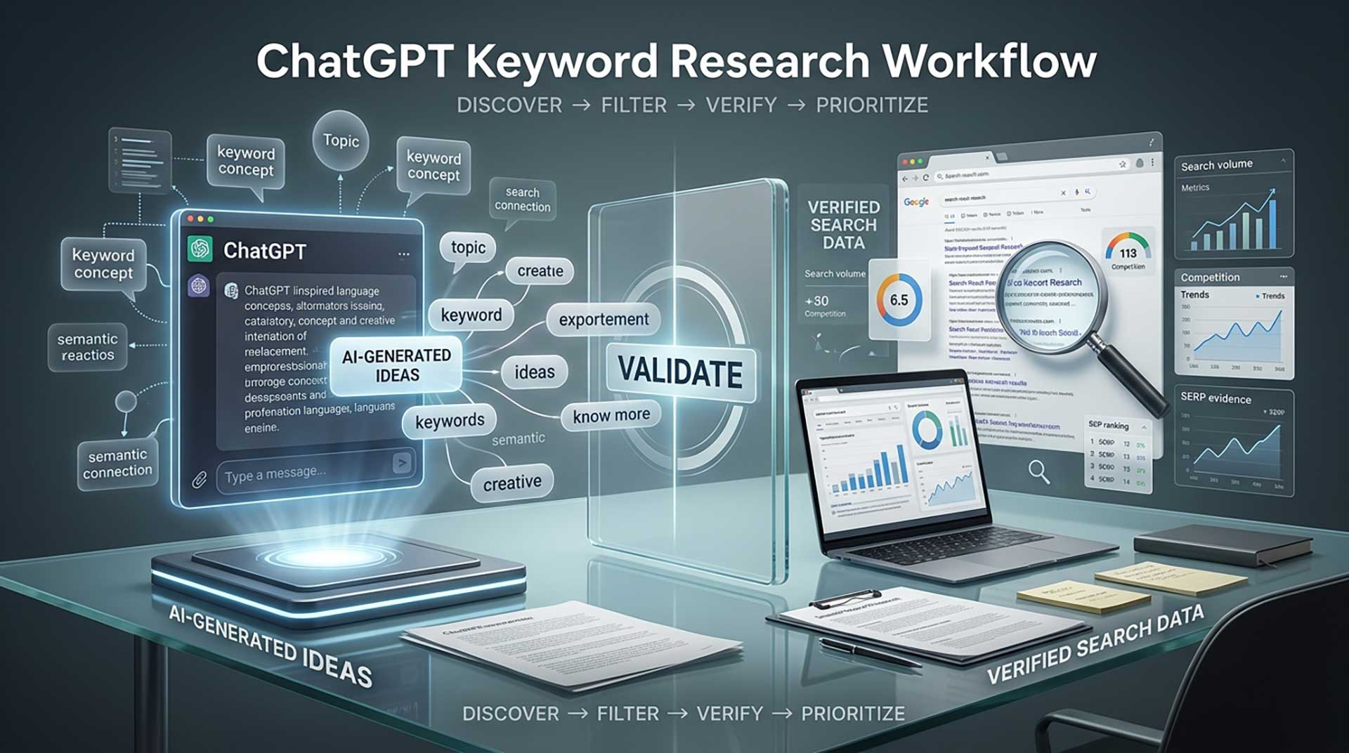 ChatGPT keyword research workflow separating AI-generated ideas from verified search data