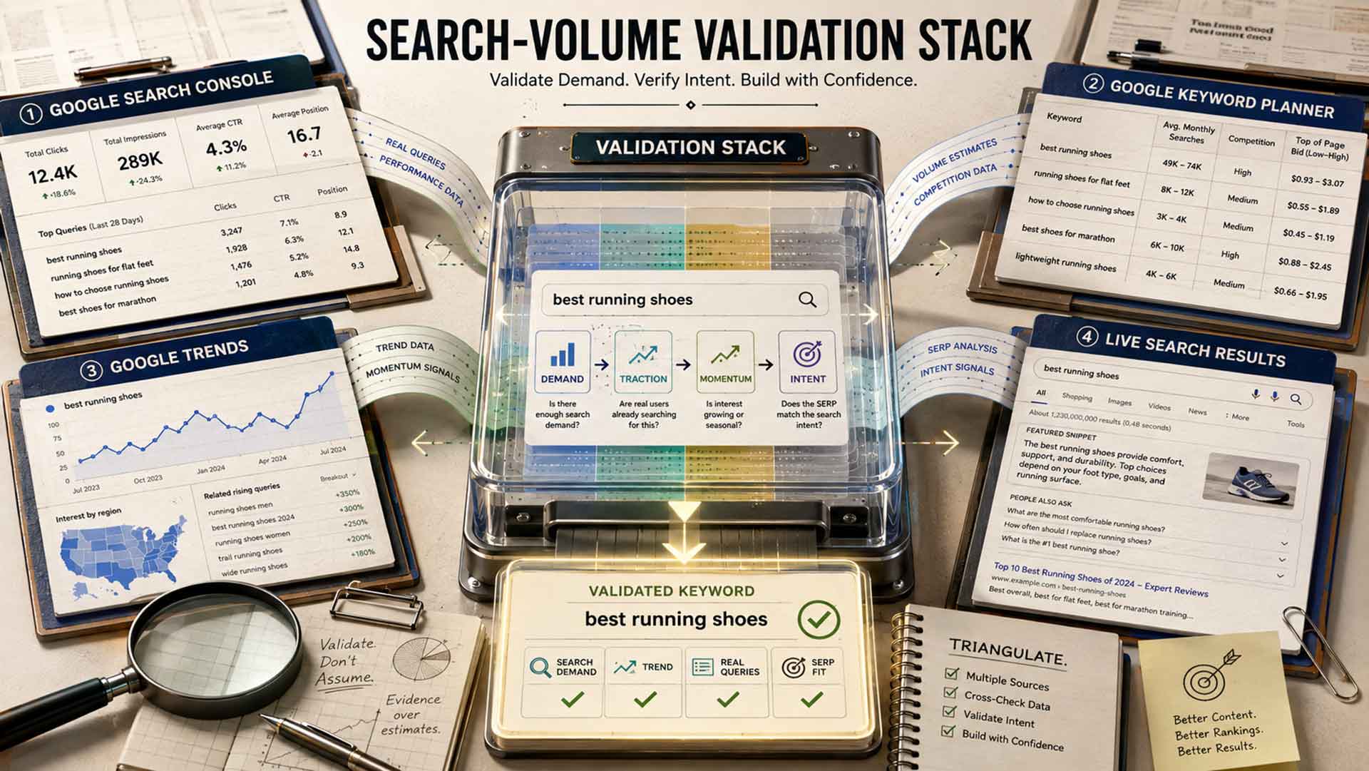 Search-volume validation stack using Search Console, Keyword Planner, Google Trends, and live search results