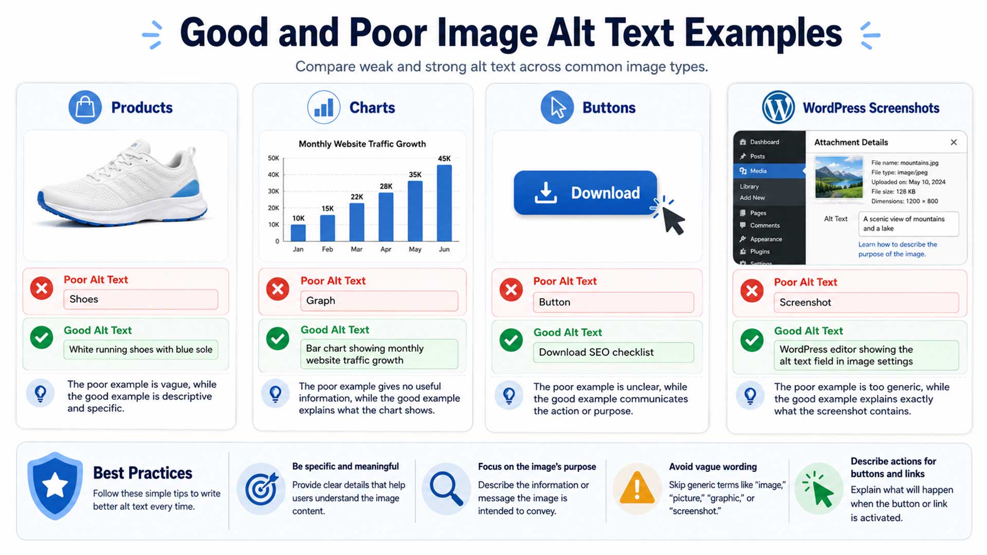 Good and poor image alt text examples for products, charts, buttons, and WordPress screenshots
