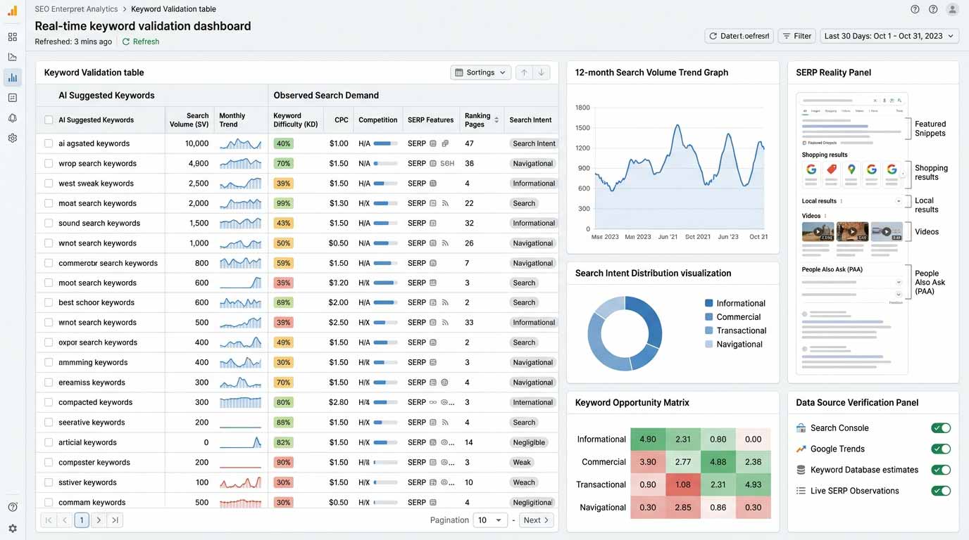 AI keyword ideas compared with real search data for ChatGPT keyword validation