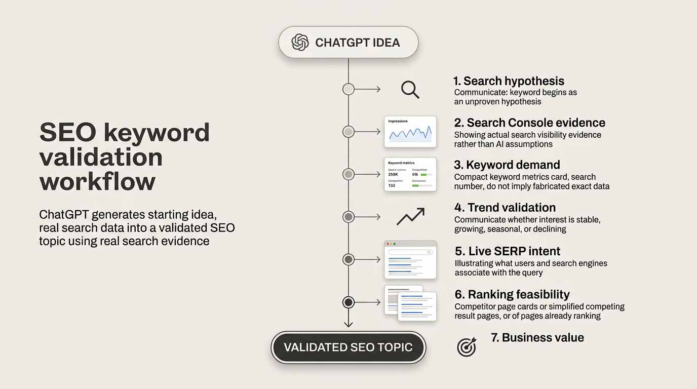 SEO analyst using real search data to validate AI generated keyword ideas
