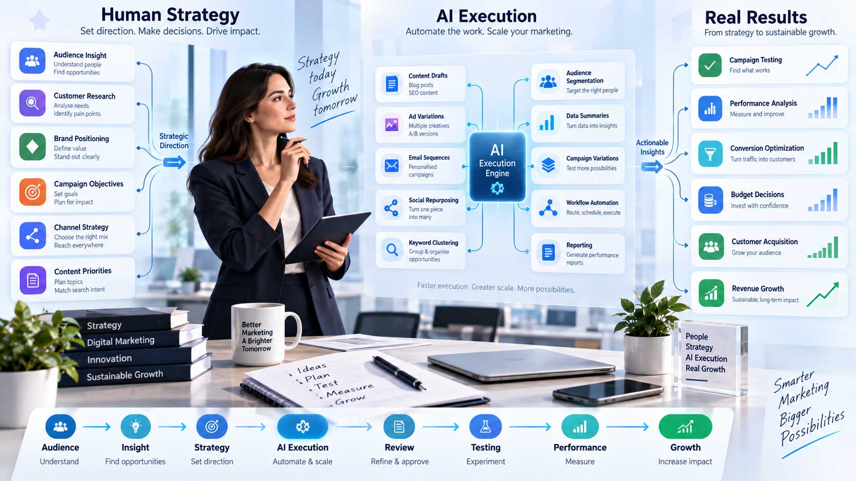 AI marketing strategy workflow combining automation with human strategic direction