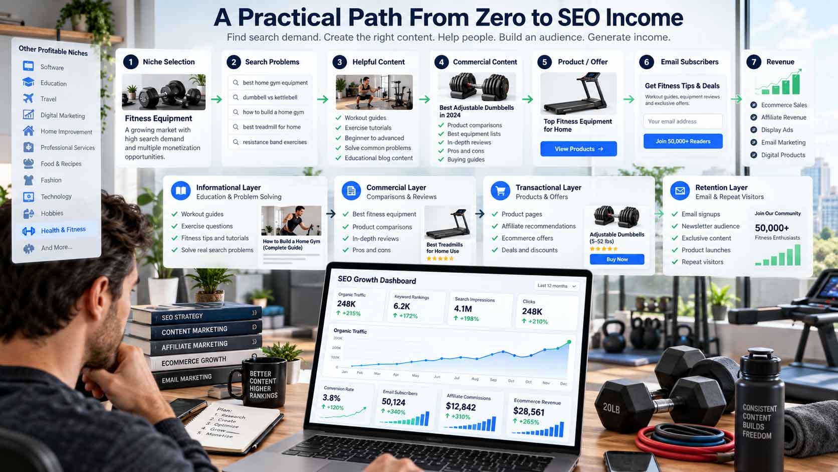 A practical path from zero to SEO income showing a fitness equipment niche, SEO content funnel, email subscribers, traffic growth, affiliate revenue, ecommerce sales, and digital product monetization.
