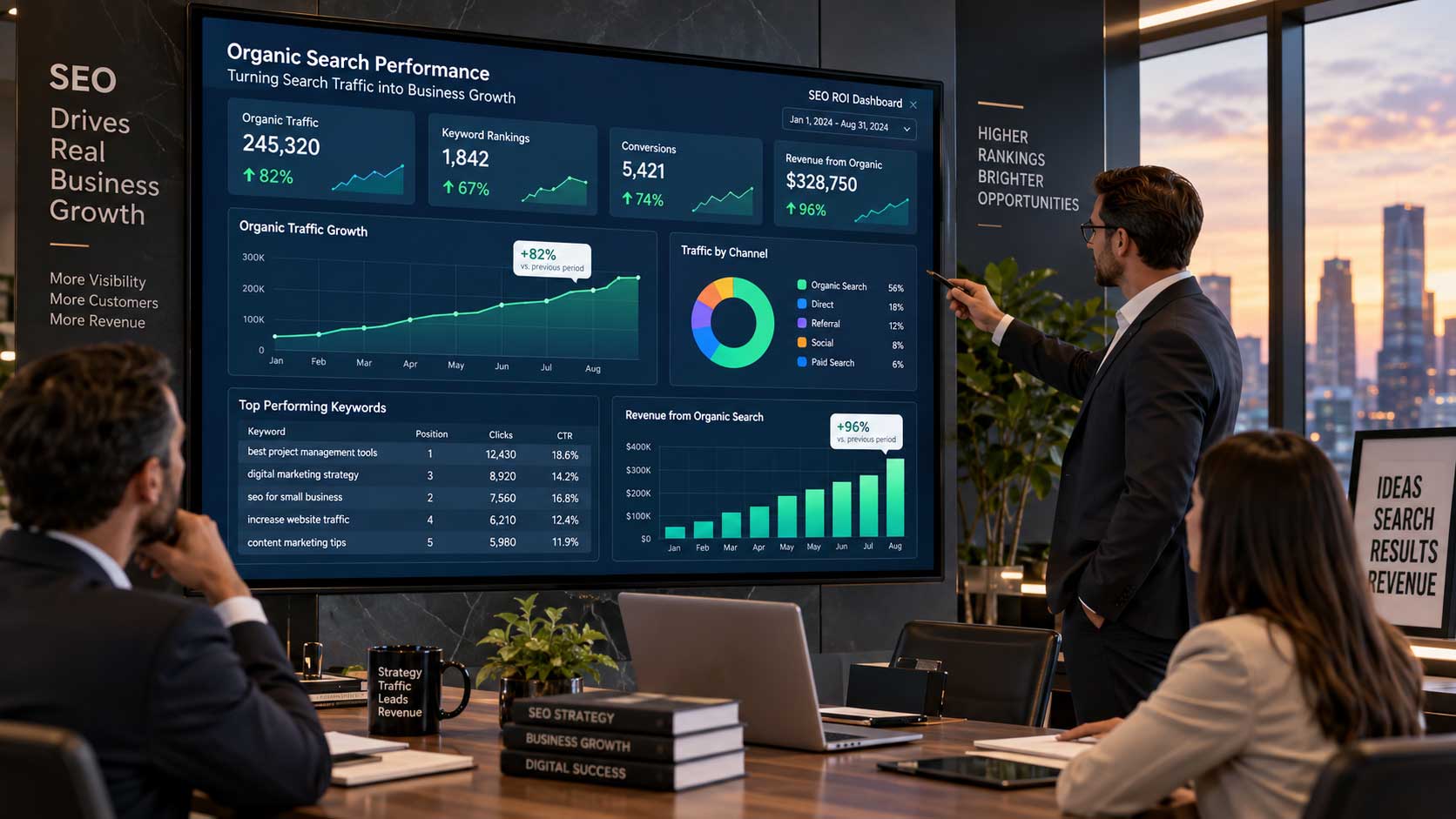 SEO ROI dashboard measuring organic search performance for business leaders