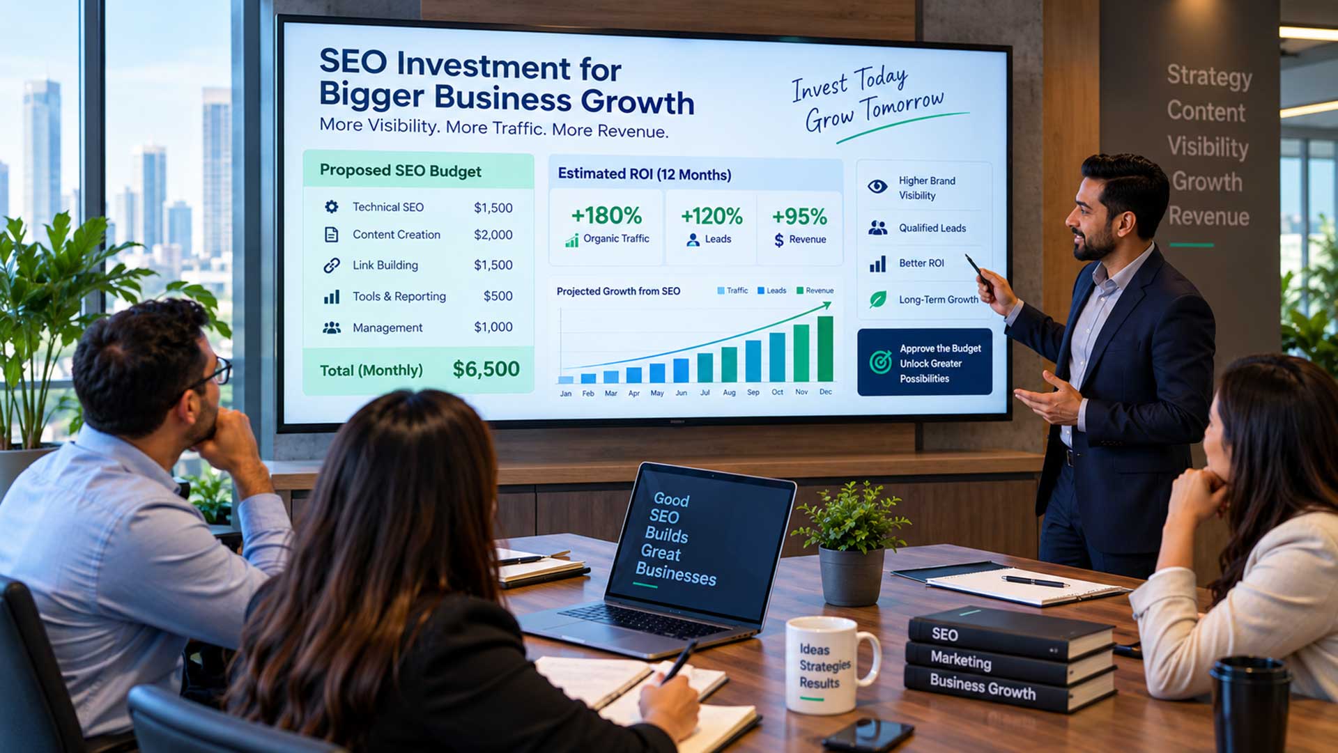 SEO budget approval presentation showing marketing ROI dashboard