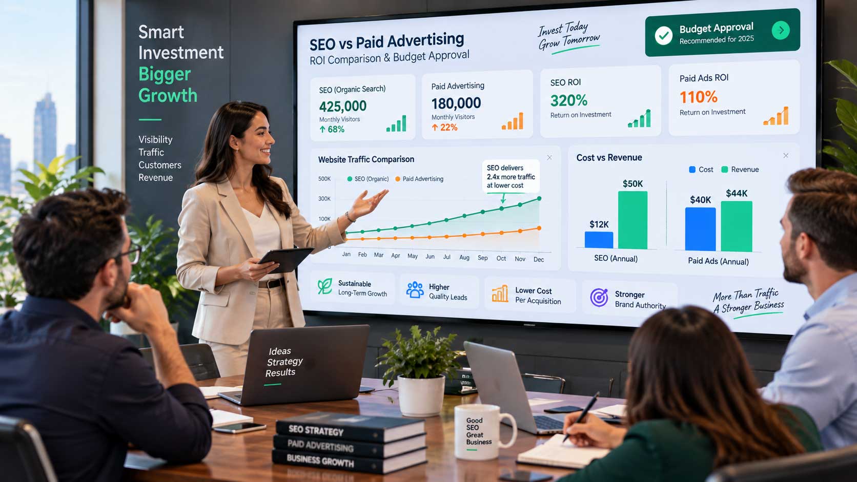 SEO budget approval dashboard comparing SEO ROI with paid advertising