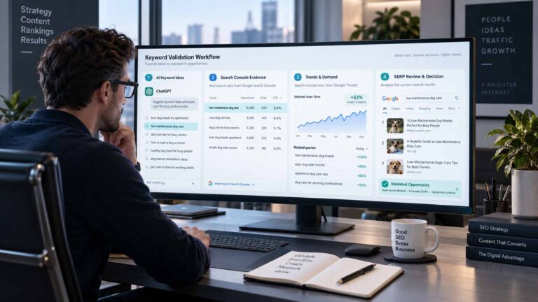 SEO strategist validating ChatGPT keyword ideas with real search data in a premium SaaS editorial workspace