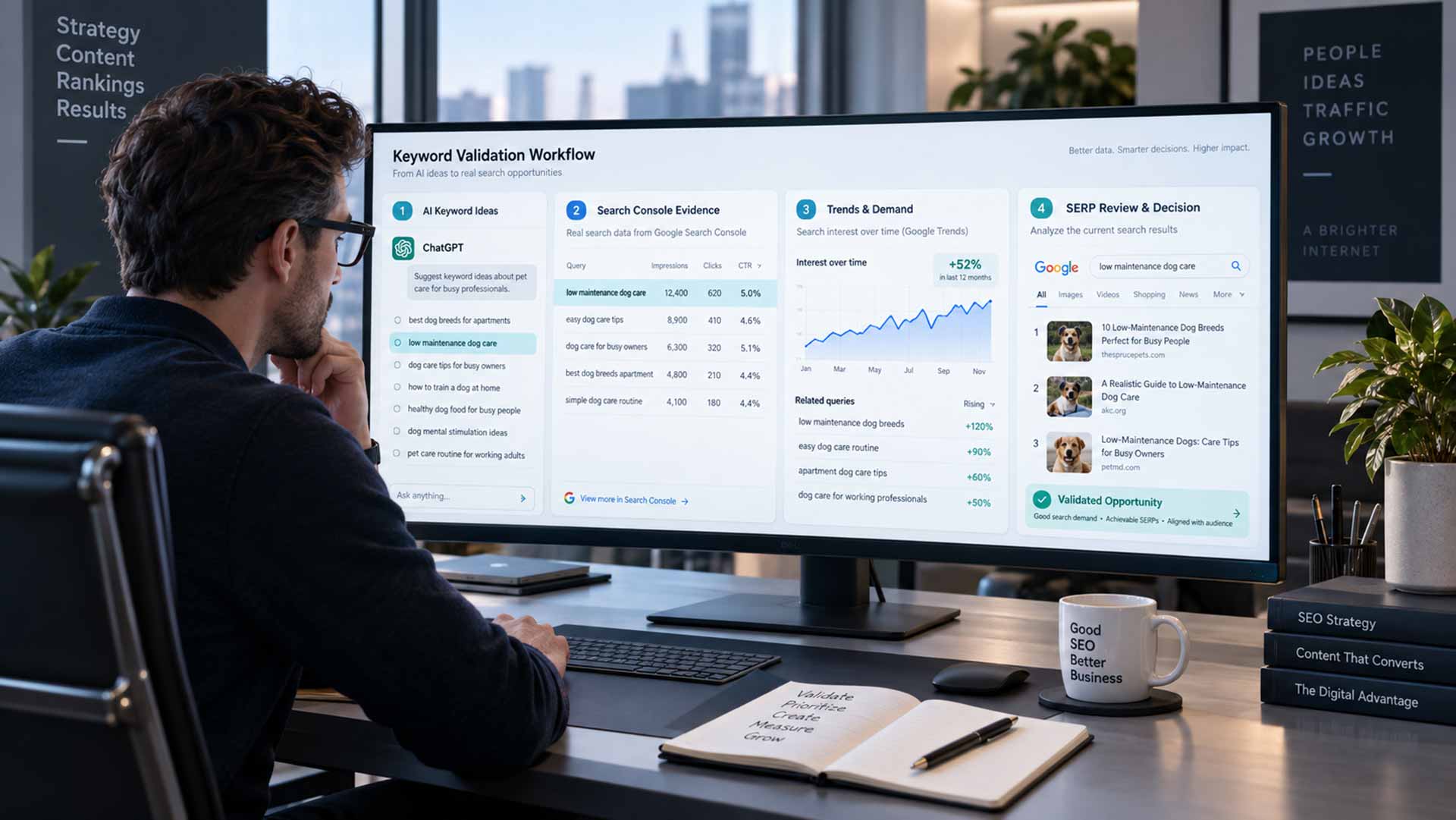 SEO strategist validating ChatGPT keyword ideas with real search data in a premium SaaS editorial workspace