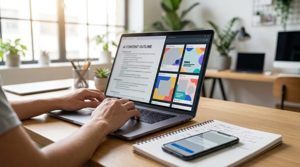 AI Content Creation Tools Digital content creator comparing AI tools for writing, design and video production