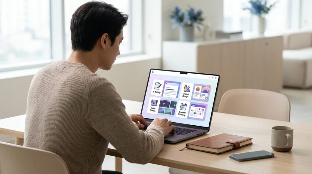 AI Content Creation Tools Creator using digital tools to plan written and visual content.